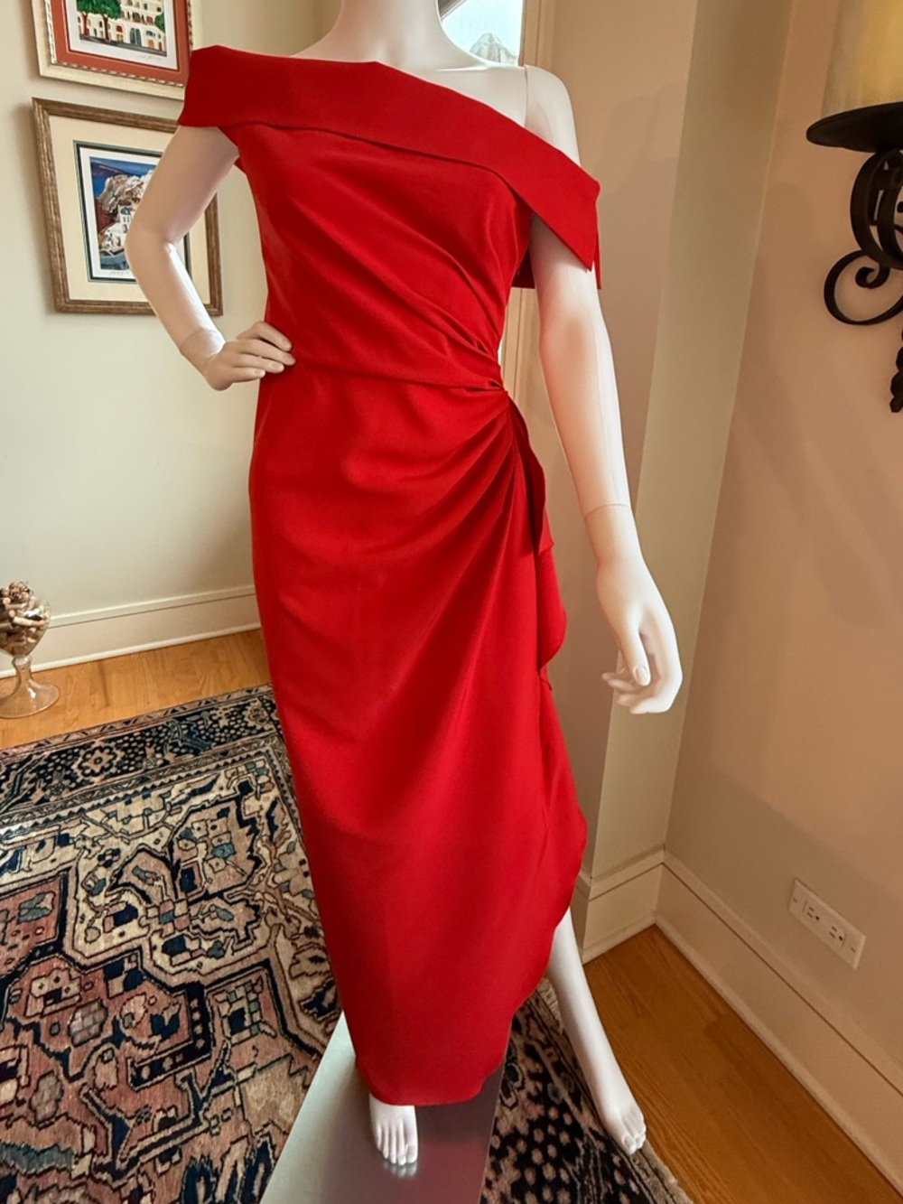Vince Camuto One-Shoulder Red Draped Midi Dress